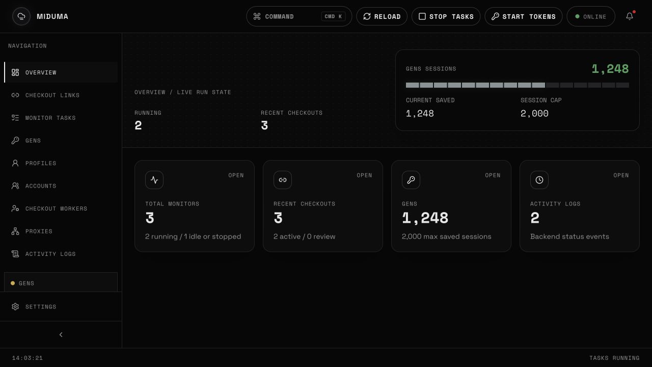 Miduma desktop dashboard showing checkout operations and live task status
